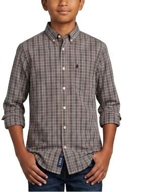 Izod Boys Long Sleeve Plaid Shirt New Sz L Grey Red School Holiday Stretch